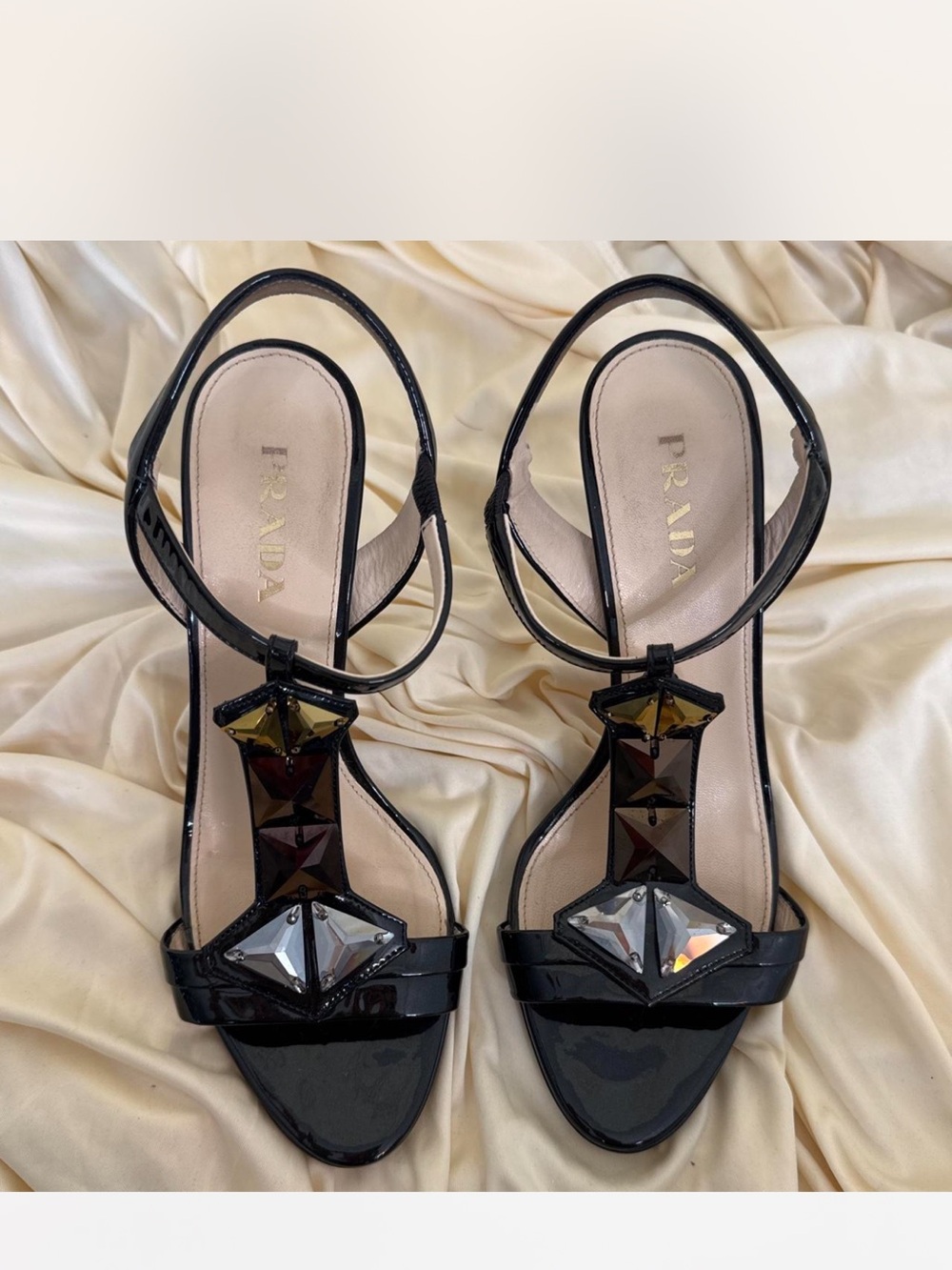 Prada Black Patent Leather Jeweled T-Strap Sandals